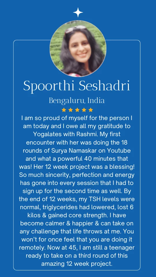 Yogalates With Rashmi student review sharing positive fitness and wellness transformation experience